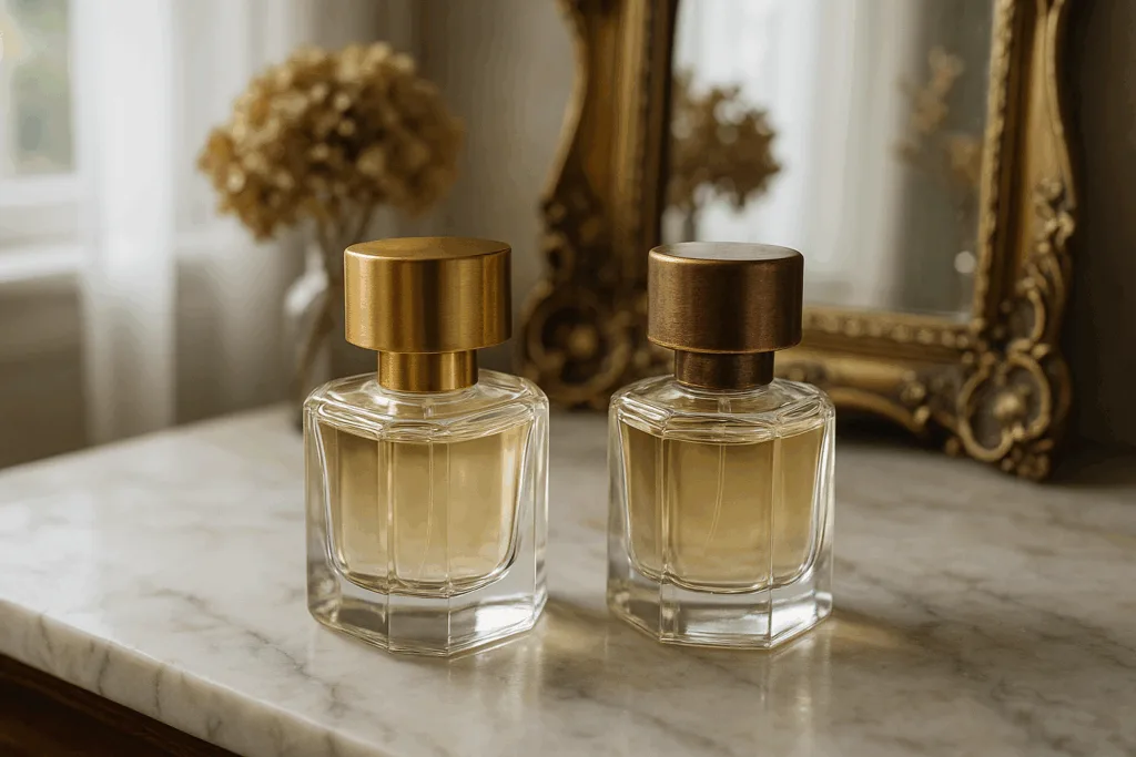 vintage perfume brass copper caps marble vanity