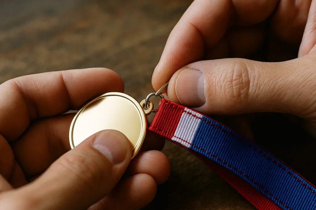 attaching ribbon to medal jump ring assembly attaching ribbon to medal jump ring assembly