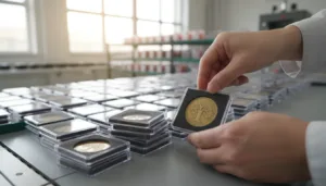 Coin being placed into a plastic snap box on a packaging line.