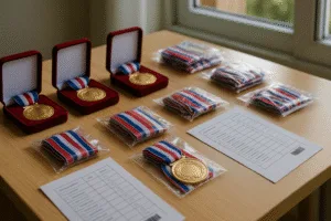 An organized workspace shows finished medals in protective packaging, ready for shipping with all documents complete.