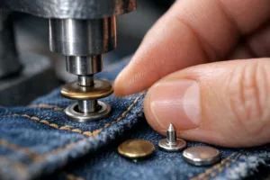 Riveted metal buttons being attached to denim
