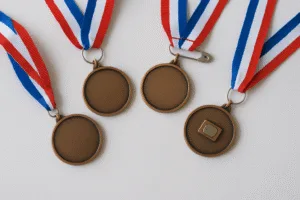 A group of finished medals laid out to showcase a range of ribbon attachment methods, including jump rings, safety pins, and magnets, demonstrating solutions for sports, corporate, and military uses.