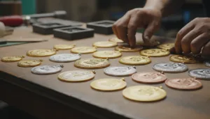 Custom medals in different thicknesses and finishes displayed side by side.