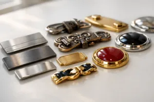 Assorted metal packaging accessories such as nameplates, clasps, and medallions on a white surface