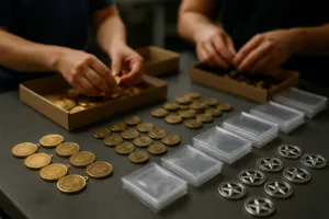Custom medals, coins, and badges sorted for quality control and packaging