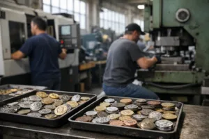 Operators using CNC machines and stamping presses for custom metal badges