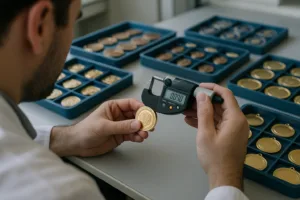 Technician examines plating thickness with gauges in a metal product QA lab.