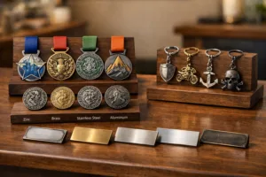 Display of custom medals, coins, keychains, and nameplates made from various metals.