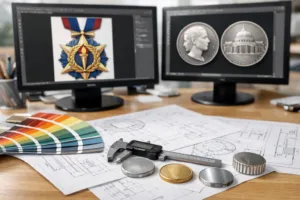 Engineering desk showing vector artwork files and technical drawings for metal products.