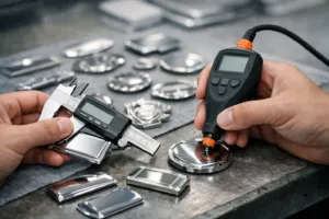 Technician checks zinc alloy badges for finish and dimensions