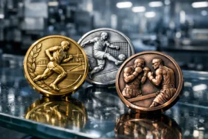 A striking display showcasing newly produced 3D die-cast medals, highlighting intricate sculpted details and premium surface finishing for sports and awards.
