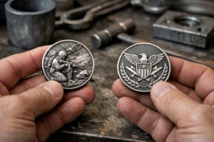 A photo-realistic scene comparing 3D relief and 2D design challenge coins on a craftsman’s workbench, illustrating the key differences in manufacturing and finish.