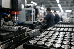 A technical manufacturing floor scene depicts bulk medal ordering with precise lead time planning, highlighting the industrial process and high-volume workflow.