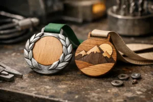 A detailed shot demonstrating the textures and finishes used in both eco-friendly wooden and recycled metal medals for sustainable events.