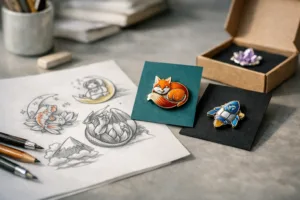 A professional studio scene showing retail enamel pin design sketches and branded packaging to illustrate the creative process for retail brands.