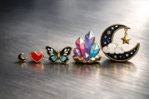 An arrangement of enamel pins, each a different dimension and design, emphasizing how pin sizes affect appearance and use.