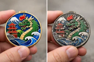 Side-by-side medals: one with perfect enamel, one with chipping and defects.
