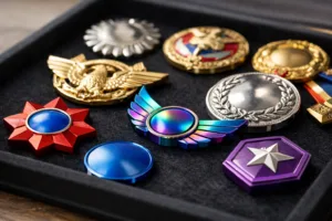 Display of anodized aluminum and plated zinc alloy medals