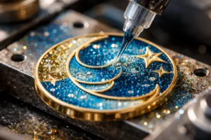 A detailed close-up of a glitter enamel pin as sparkling particles are applied, highlighting the technical skill and vibrant color effects in pin creation.