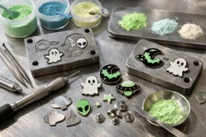 A spotless work area showcasing metal bases, glow pigment, and tools essential for producing glow-in-the-dark enamel pins.