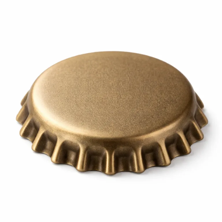 A 3D die-cast bottle cap cover with antique brass finish, sandblasted matte surface, and soft rounded edges. Carefully photographed to emphasize the tactile matte texture and manufacturing details.