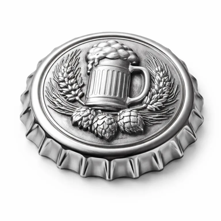 gr 3d die cast bottle cap cover nickel A 3D die-cast bottle cap cover made of zinc alloy with a polished shiny nickel finish. Features a crisp beveled edge and raised 3D relief pattern for a premium appearance. Photographed in high detail on a white studio background.