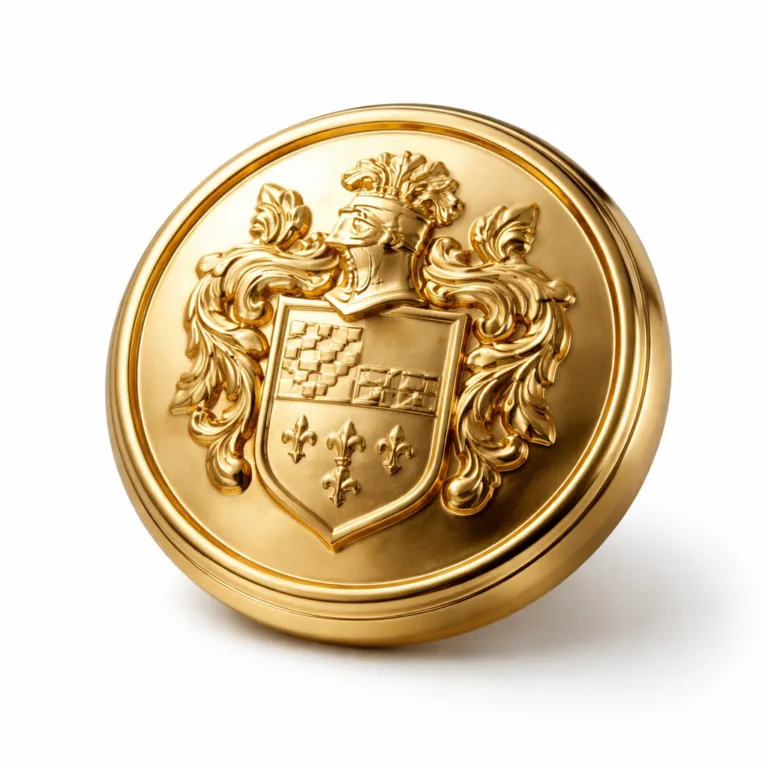 A brass 3D raised crest button in a shiny gold finish, designed with a precise beveled edge and high-relief crest. Photographed alone against a clean white background for online stores.