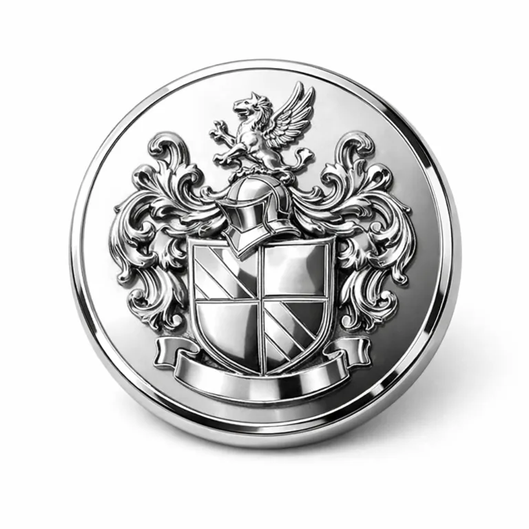 A stainless steel look 3D raised crest button finished with polished mirror nickel plating and a clean flat edge. The button is sharply detailed, photographed in a white studio setting.