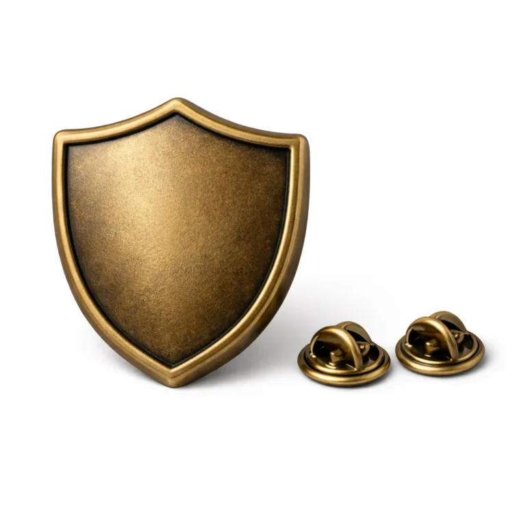 An elegant shield-shaped 3D raised emblem badge, produced in brass with an antique brass finish. Features a smooth classic edge and reliable butterfly clutch pinback. Ideal for commemorative or club badges.
