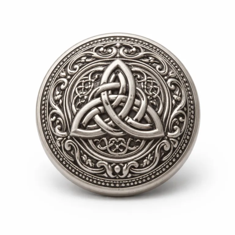 A single 3D Relief Metal Closure crafted in zinc alloy with an antique silver finish, featuring a soft rounded edge and raised relief details. Commercial studio lighting highlights the textured surface and refined contours.