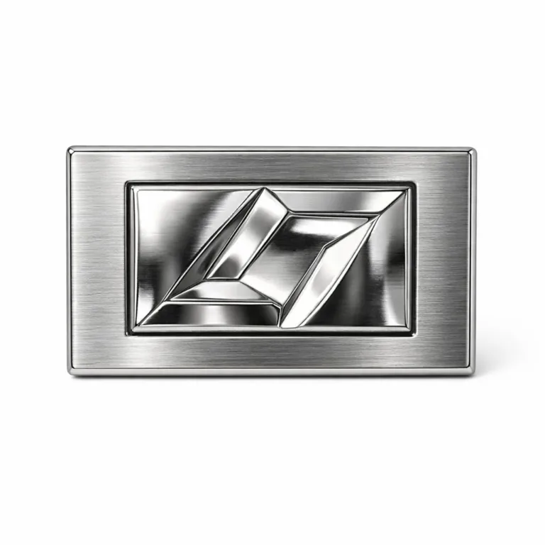 A rectangular 3D Relief Metal Closure with a stainless steel appearance and shiny nickel plating, brushed surface texture accentuating the embossed design, shown in crisp studio lighting.