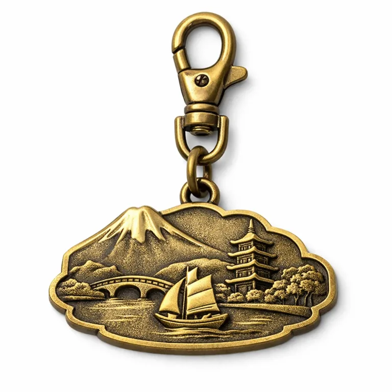 A 3D souvenir keychain in antique brass plated zinc alloy, sandblasted matte texture for the background with smooth raised central details. Displayed in a custom silhouette and paired with a durable lobster clasp for easy use.