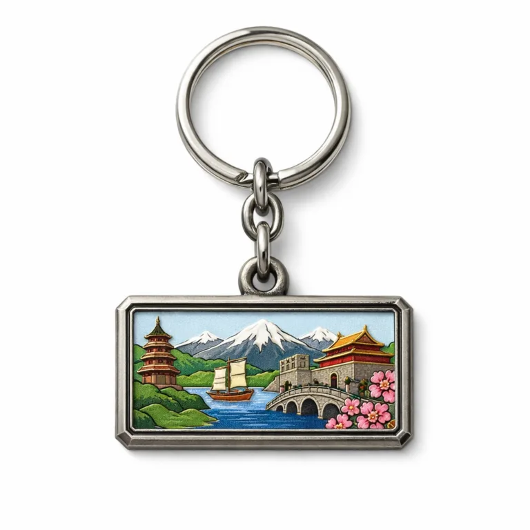 A rectangular 3D souvenir keychain manufactured from zinc alloy with an antique silver finish. Soft enamel color fill highlights recessed areas, while crisp beveled edges add refinement. Completed with a classic split ring attachment.