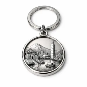 A 3D souvenir keychain crafted from zinc alloy, finished in polished shiny nickel with intricate raised relief detailing. Features a round shape and is equipped with a classic split ring, ideal for modern souvenirs.