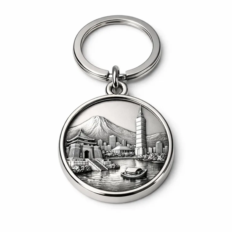 gr 3d souvenir keychain nickel relief A 3D souvenir keychain crafted from zinc alloy, finished in polished shiny nickel with intricate raised relief detailing. Features a round shape and is equipped with a classic split ring, ideal for modern souvenirs.