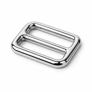 A highly realistic product photo of an adjustable slider buckle made from zinc alloy, featuring a polished mirror surface and a soft rounded edge. The shiny nickel finish enhances its sleek appearance, making it ideal for e-commerce presentation.