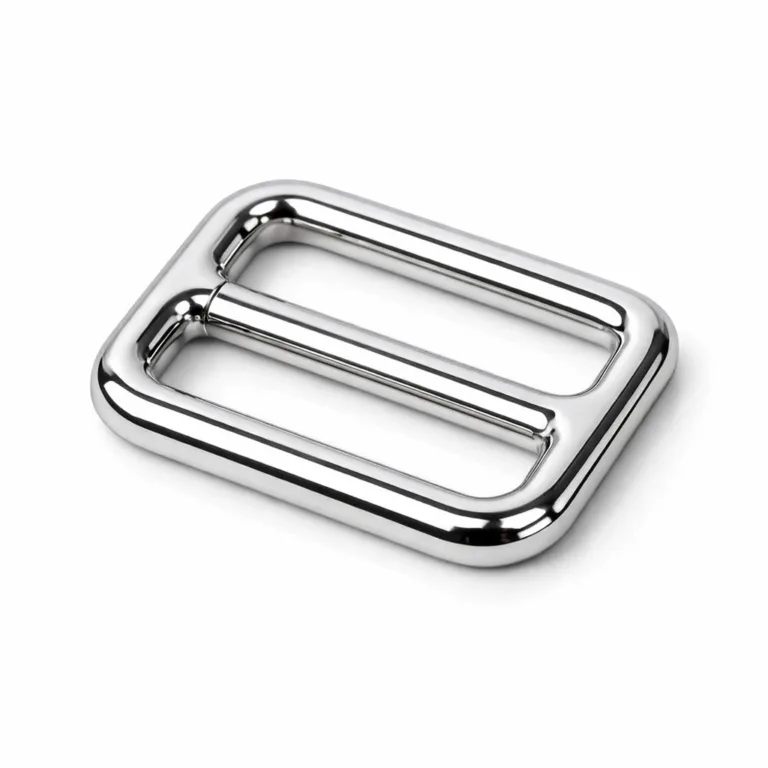gr adjustable slider nickel polished A highly realistic product photo of an adjustable slider buckle made from zinc alloy, featuring a polished mirror surface and a soft rounded edge. The shiny nickel finish enhances its sleek appearance, making it ideal for e-commerce presentation.