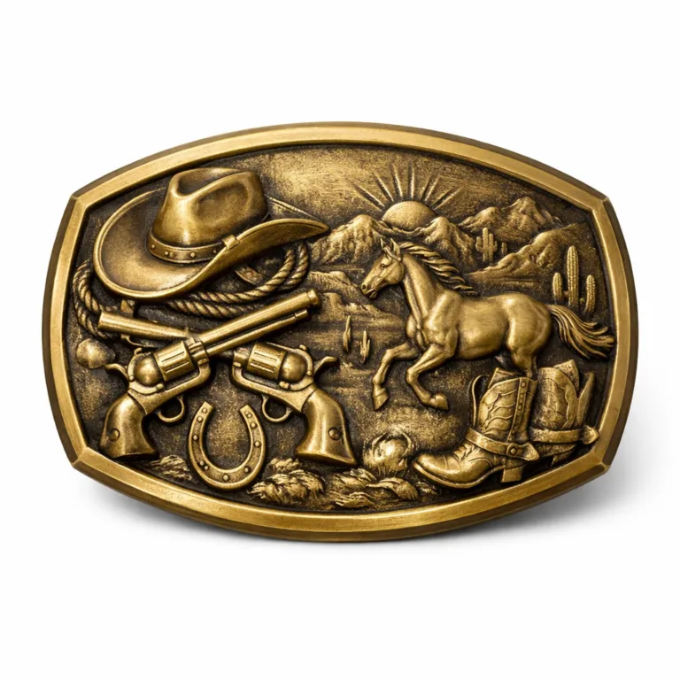 Rectangular antique brass buckle featuring a lightly brushed texture with a 3D raised relief pattern and crisp beveled edges. The brushed finish and detailed contour provide depth and character, suitable for high-end leather goods.