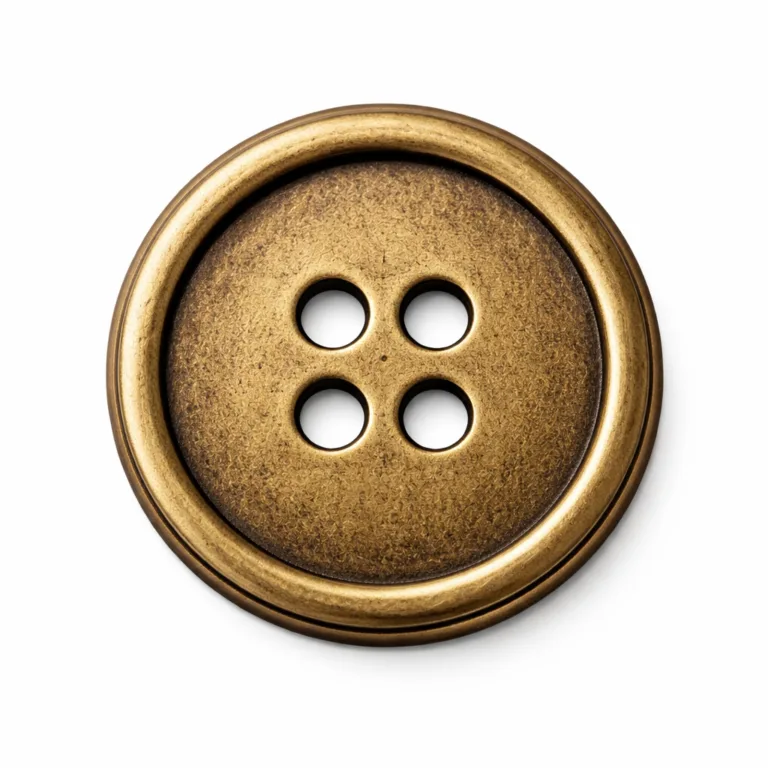 A refined antique brass coat button featuring a sandblasted matte surface and a flat 2D profile. Captured in sharp detail against a white background for e-commerce, emphasizing texture and understated elegance. Suits minimalist or formal outerwear.