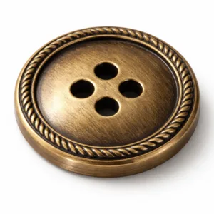 A classic antique brass coat button with a brushed surface texture and a 3D relief decorative rim detail. High-realism studio photography with crisp lighting, highlighting the craftsmanship and antique finish. Ideal for jackets or coats seeking a vintage look.