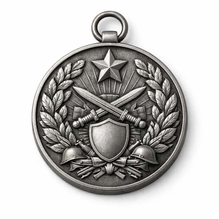 Sharp product photo featuring an honor medal in antique silver with sandblasted matte texture and 3D relief, round with soft rounded edge, displayed against a clean white background.