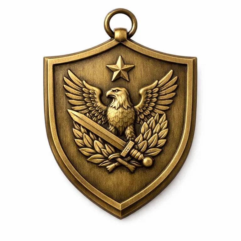 Realistic studio image of a shield-shaped antique brass medal with a brushed finish, 2D flat surface and crisp beveled edges, attached by a simple ring, perfect for collectible or award use.