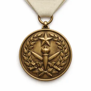 High detail studio photo of an antique brass honor medal featuring a 3D relief emblem and attached to a minimal plain ribbon, round with soft rounded edges, ideal for awards and recognition.
