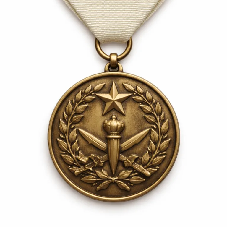 High detail studio photo of an antique brass honor medal featuring a 3D relief emblem and attached to a minimal plain ribbon, round with soft rounded edges, ideal for awards and recognition.