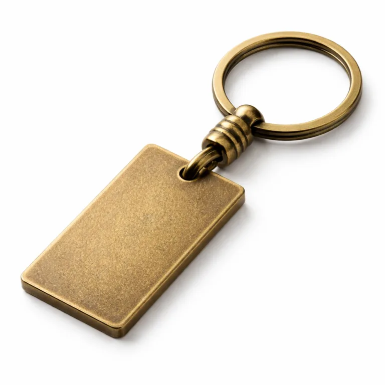 A rectangular antique brass keychain featuring a sandblasted matte surface that reduces glare, paired with a classic split ring. The design presents a 2D flat form suitable for engraving, photographed against a white studio background.