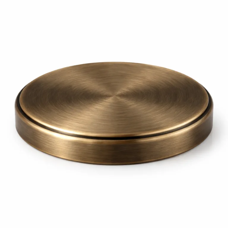 A single antique brass metal lid featuring a brushed finish and soft rounded edge, ideal for closure applications. Photographed on a clean white background with sharp details, perfect for commercial product listings.