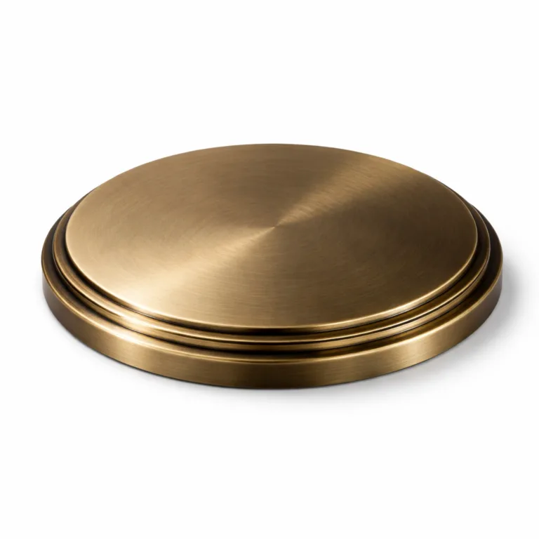 A highly realistic photo of an antique brass metal lid with a polished mirror surface and crisp beveled edge, designed for premium closures. Set against a white studio background with professional lighting.