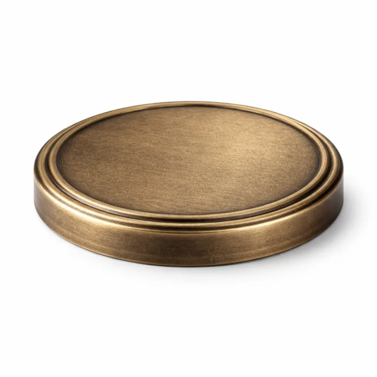 A matte antique brass metal lid featuring a sandblasted texture and 2D flat design, ideal for functional or decorative closure uses. The product is displayed on a crisp white background for clear viewing.