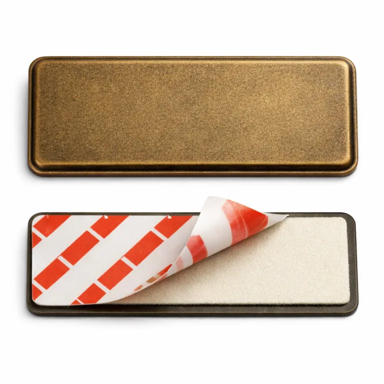 Rectangular antique brass nameplate with a sandblasted matte texture, soft rounded edges, and a visible adhesive back plate for easy mounting without screws.