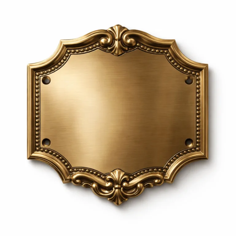 A decorative shield-shaped antique brass nameplate showcasing a polished mirror finish, with a detailed 3D relief border for elegant contrast and visual depth.